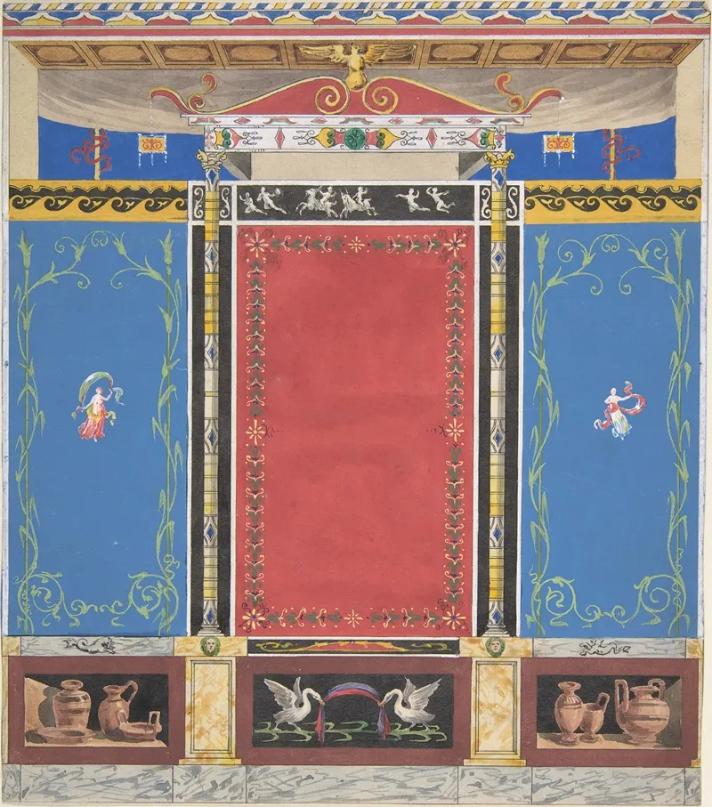 Painted Wall Decor Featuring Thin Column With A Pair Of Swans And Trompe Loeil Vases At Base