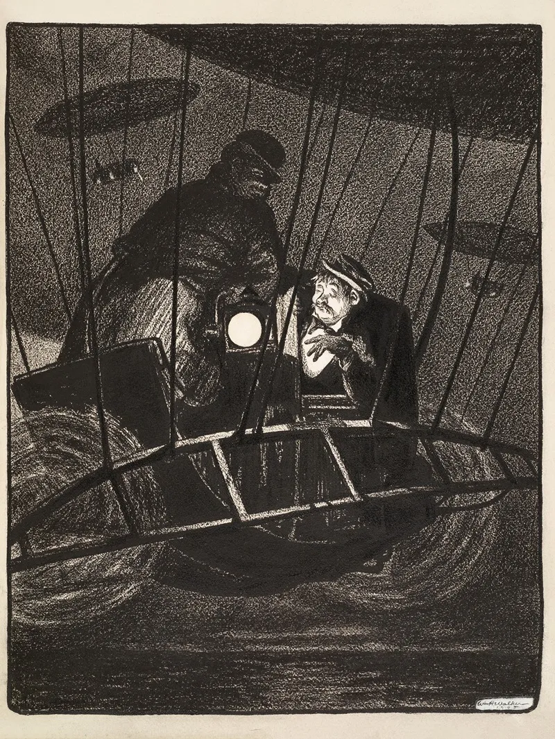 Pairs Of Men Fly At Night In Dirigibles