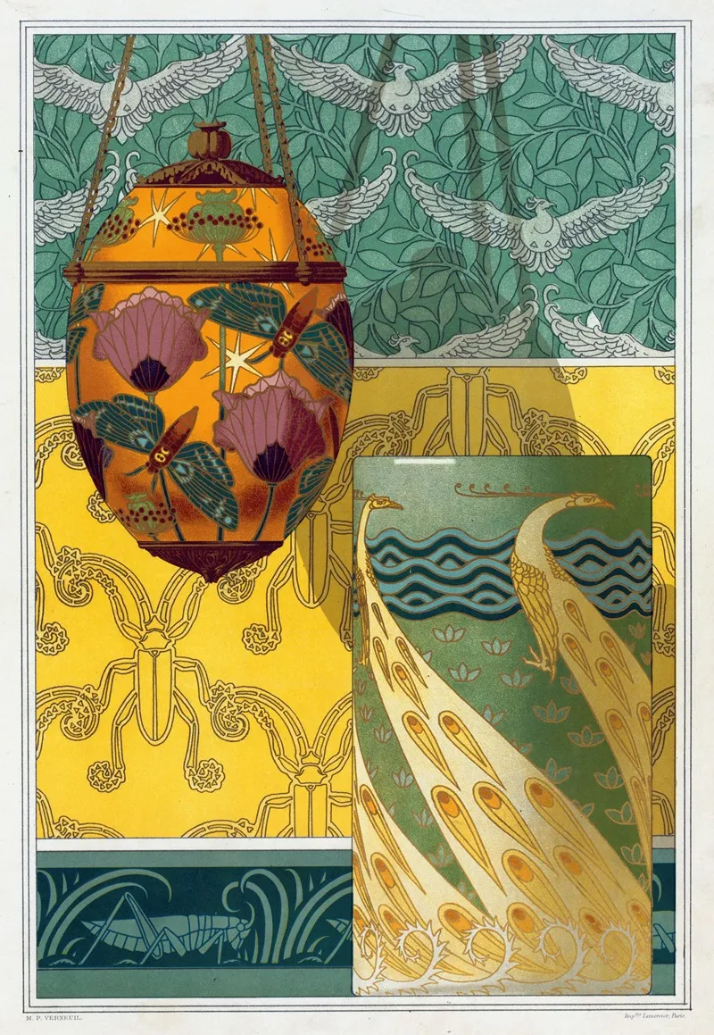 Papillons Et Pavots Veilleuse Emaux Translucides Paons Vase Emaux Cloisonnes by Maurice Pillard Verneuil - Canvas Print