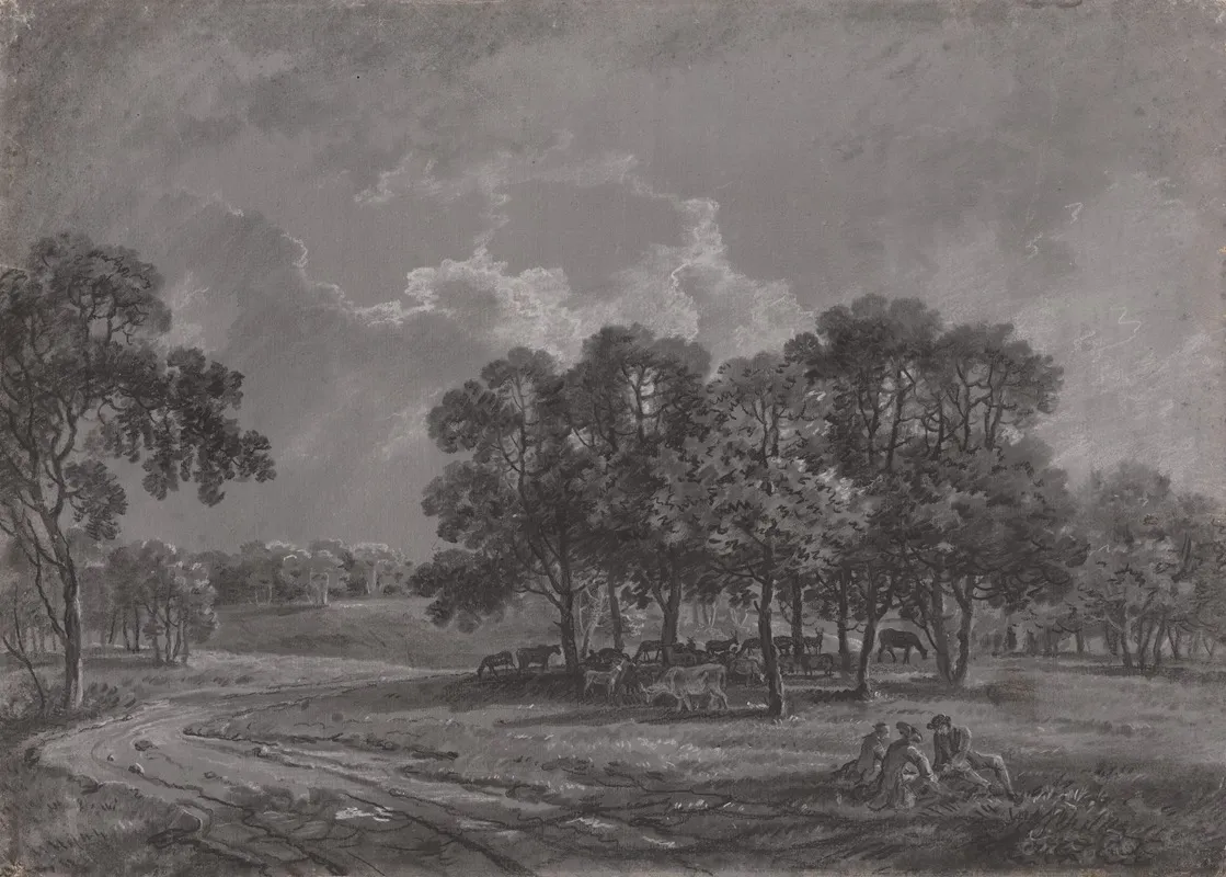 Park Scene With Deer Cattle And A Group Of Figures