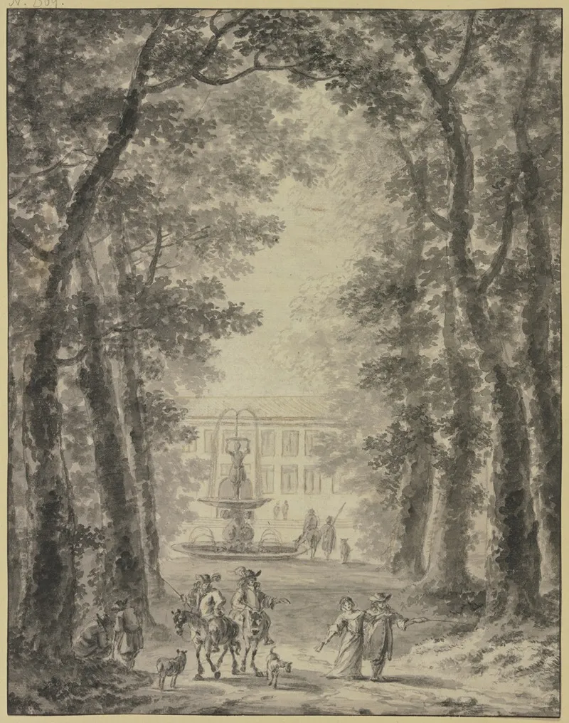 Parkanlage Mit Schlos Und Springbrunnen Vorne Zwei Reiter Und Einige Andere Figuren by Jan Hackaert - Canvas Print