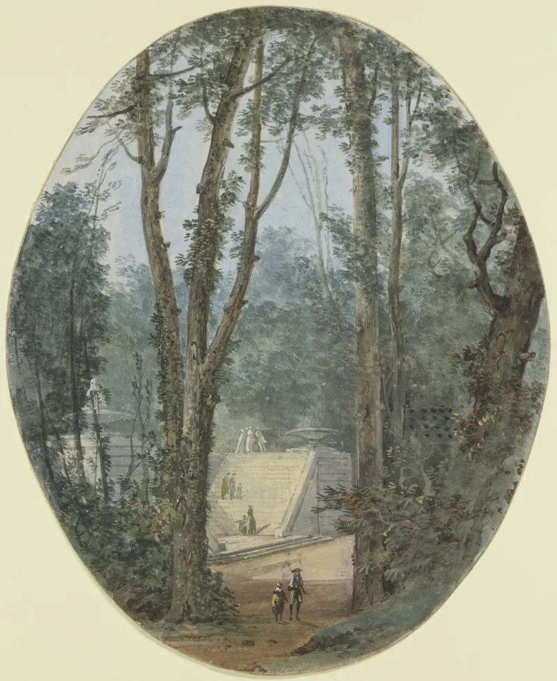 Parklandschaft Mit Hohen Baumen Und Dem Blick Auf Einen Treppenanstieg Im Mittelgrund