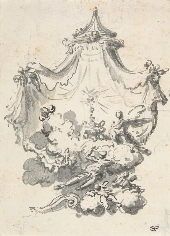 Parted Curtains Revealing Angels Upon Clouds Worshipping A Monstrance by Giovanni Battista Natali III - Canvas Print