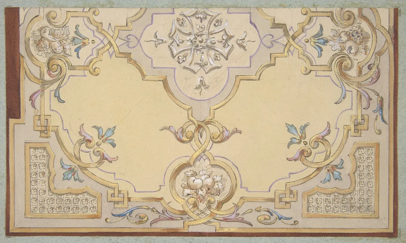 Partial Design For The Decoration Of A Ceiling With Scrolls And Swags Of Fruit