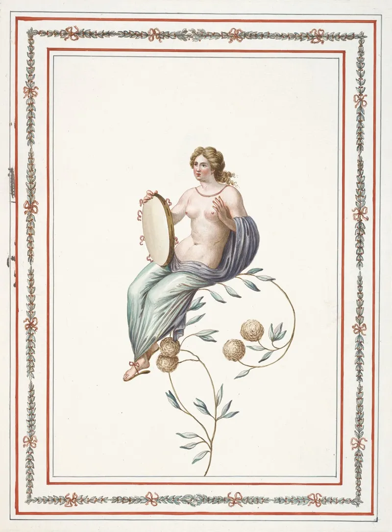 Partially Nude Woman Sitting On Flowering Branch Holding Tambourine