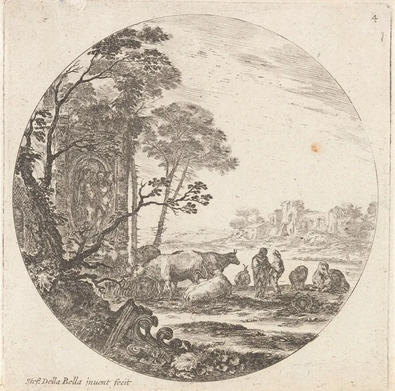 Paysage Avec Un Chapiteau Corinthien Sur Le Devant Par Terre by Stefano Della Bella - Canvas Print