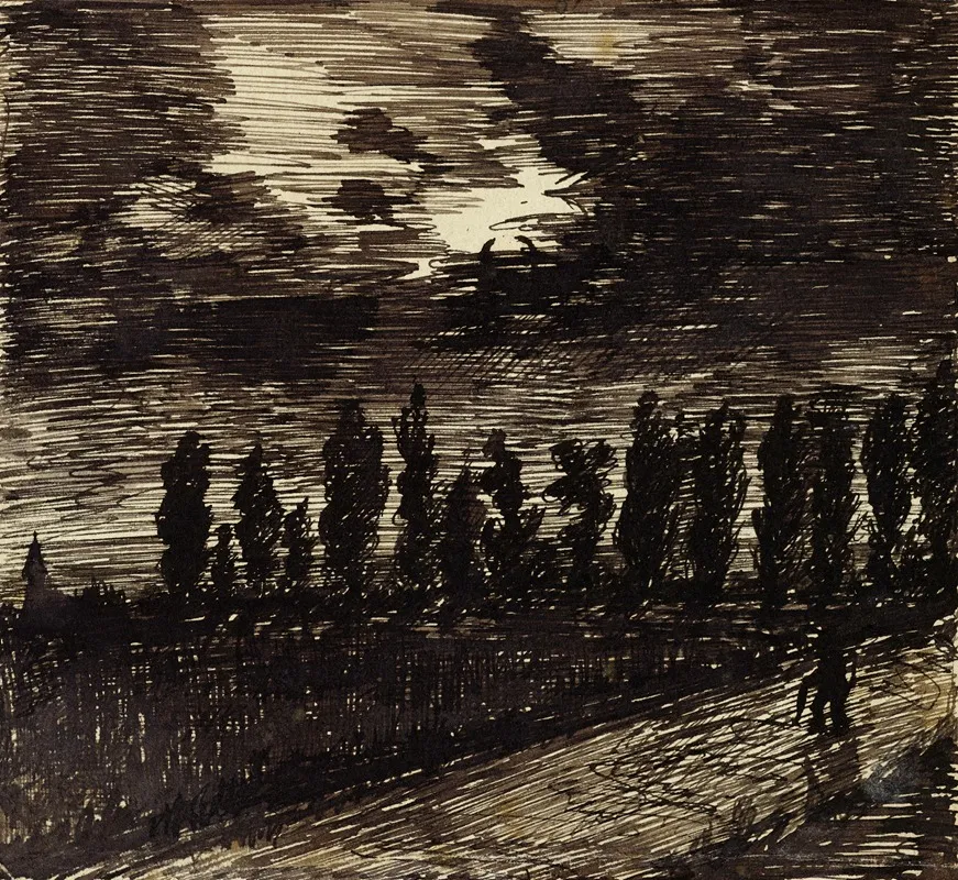 Paysage Nocturne Avec Une Rangee De Peupliers