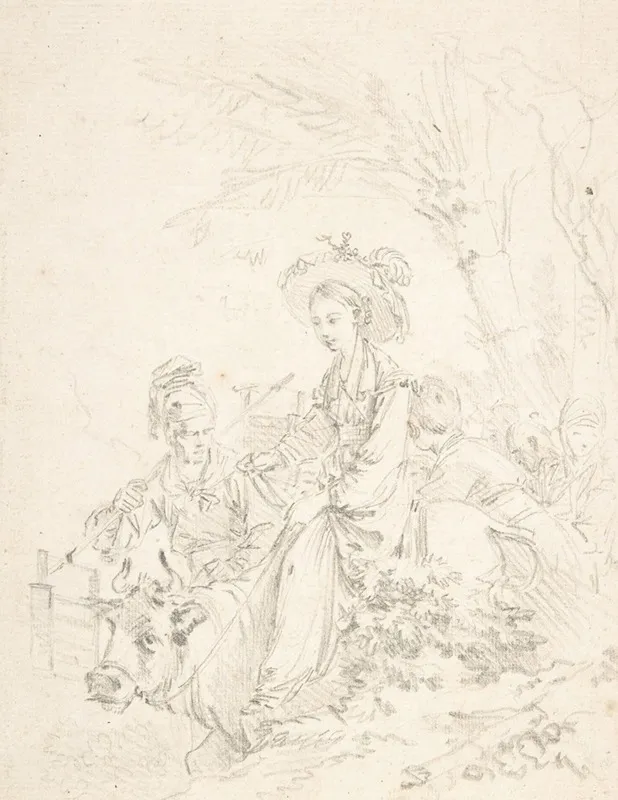 Peasant Girl Riding An Ox With Companions