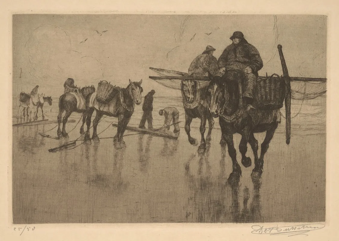 Pecheurs De Crevettes Le Depart by Constant Eugène de Busschere - Canvas Print