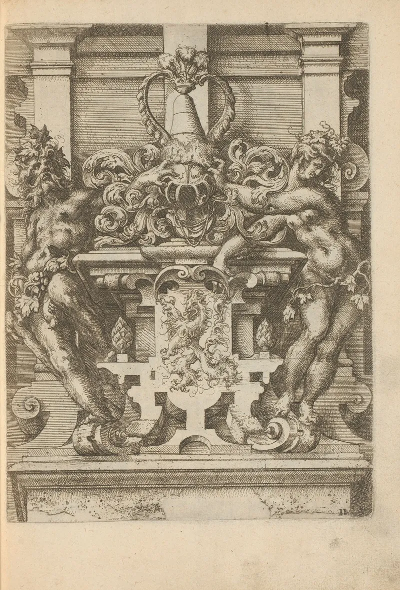 Pedestal With Coat Of Arms Flanked By Man And Woman Dressed In Foliage by Wendel Dietterlin - Canvas Print
