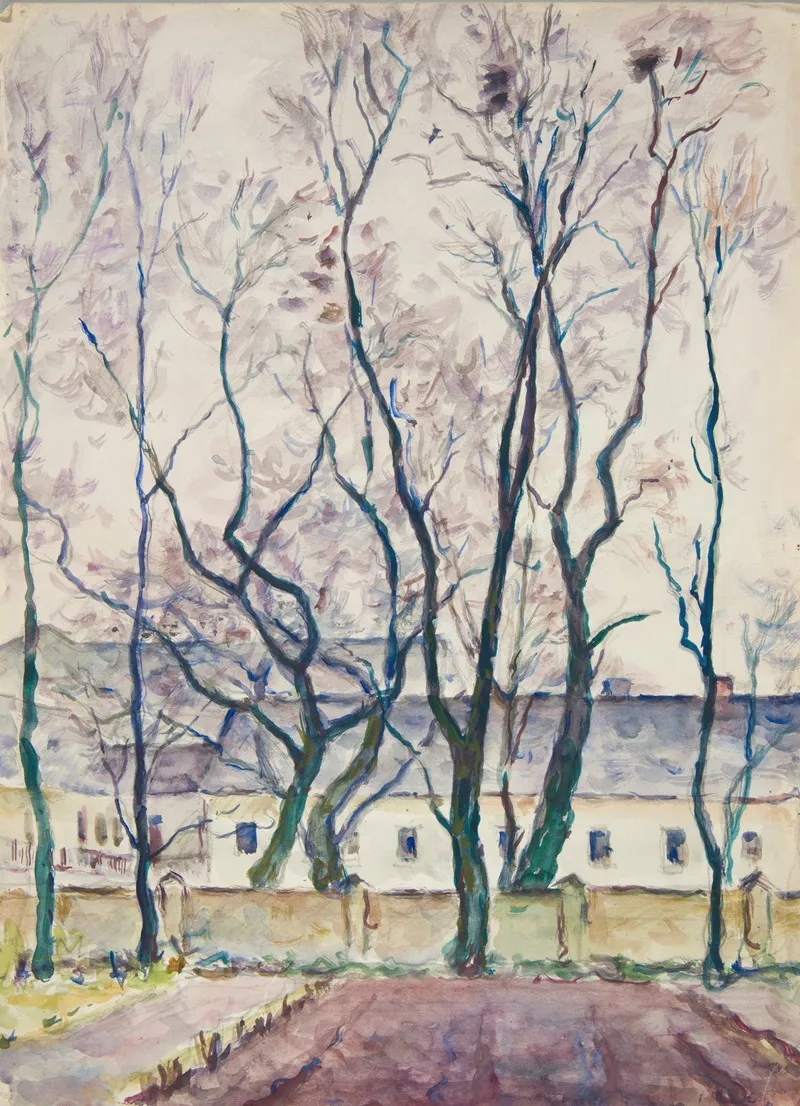 Pejzaz Z Drzewami I Zespolem Architektonicznym Za Murem by Ivan Ivanec - Canvas Print