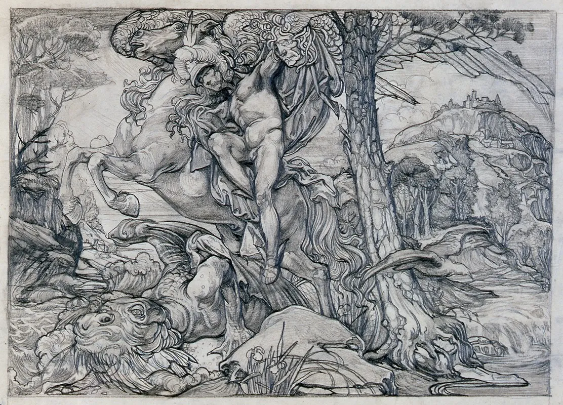 Perseus Riding Pegasus Killing The Dragon by Johannes Josephus Aarts - Canvas Print