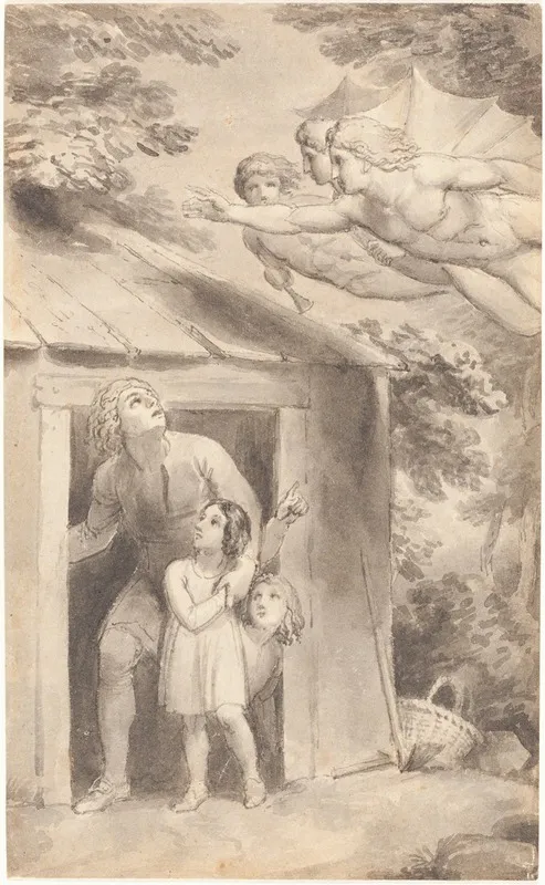 Peter And His Children Visited By Three Flying Figures