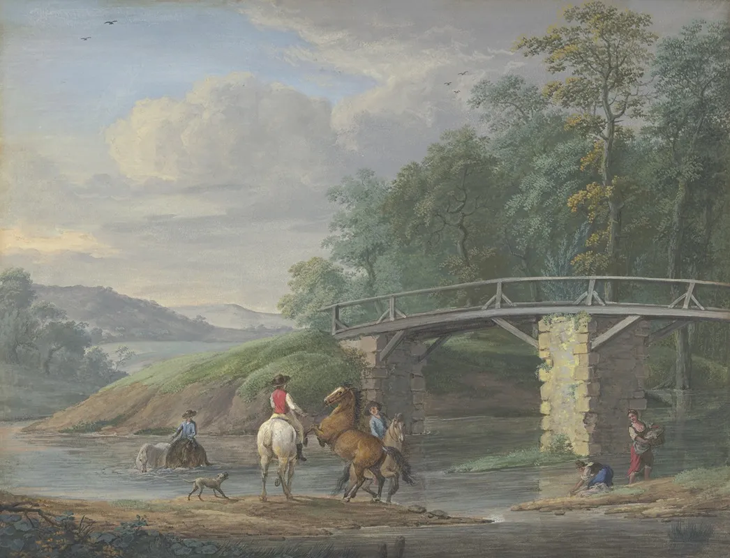 Pferde In Der Schwemme Bei Einer Brucke Rechts Zwei Wascherinnen