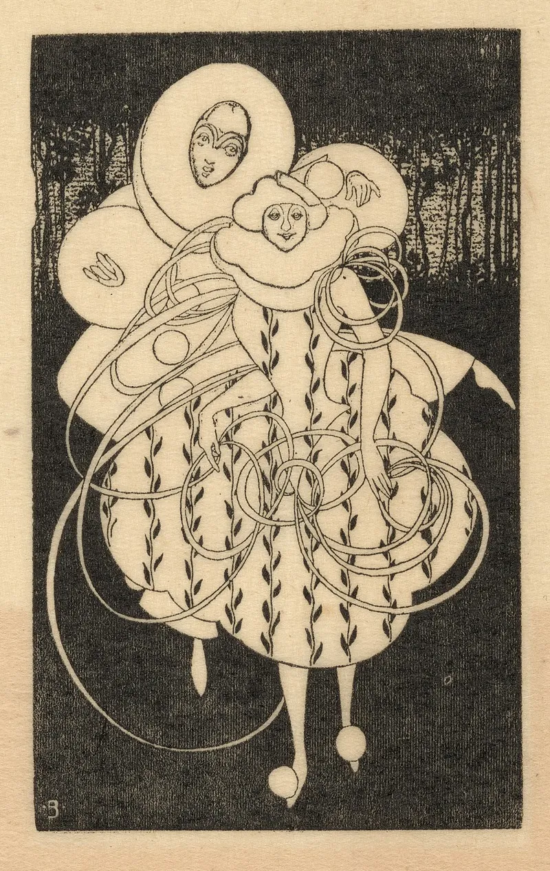 Pierrot Figure Dancing With Woman Encircled By Spiraling Cord by Will Bradley - Canvas Print
