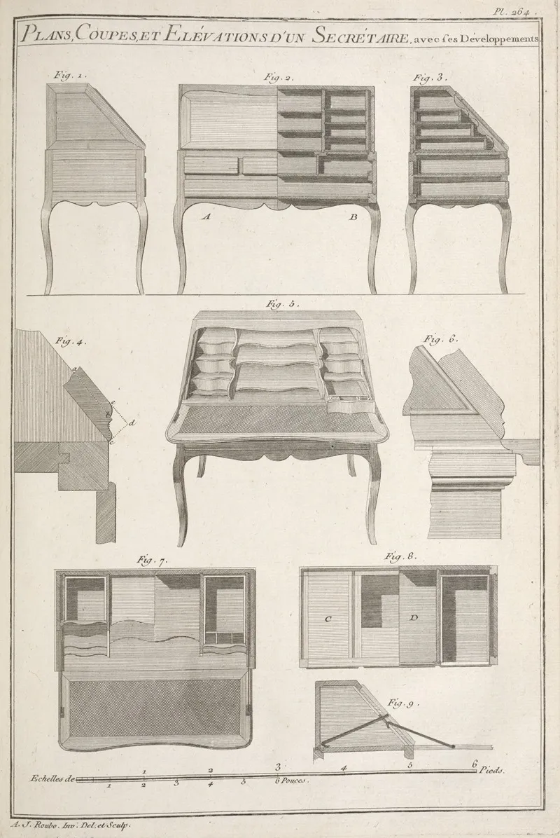 Plans Coupes Et Elevations Dun Secretaire Avec Ses Developpements by André Jacob Roubo - Canvas Print