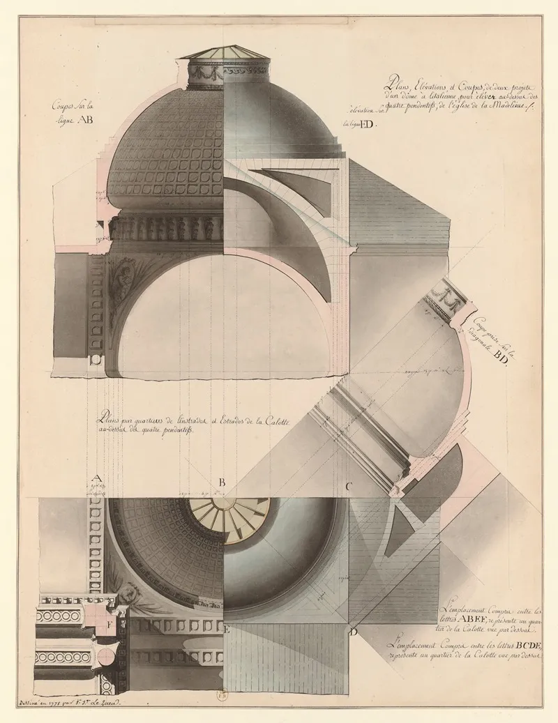 Plans Elevations Et Coupes De Deux Projets Dun Dome A Litalienne Pour Elever Au Dessus Des Quatre Pendentifs De Leglise De La Madeleine