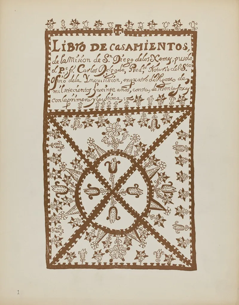 Plate 1 Jemez Book Of Marriages From Portfolio Spanish Colonial Designs Of New Mexico 2 by American 20th Century - Canvas Print