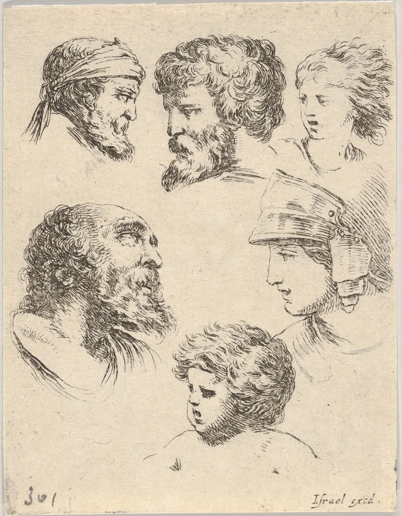 Plate 10 Six Heads Three Bearded Men One Soldier And Two Children by Stefano Della Bella - Canvas Print