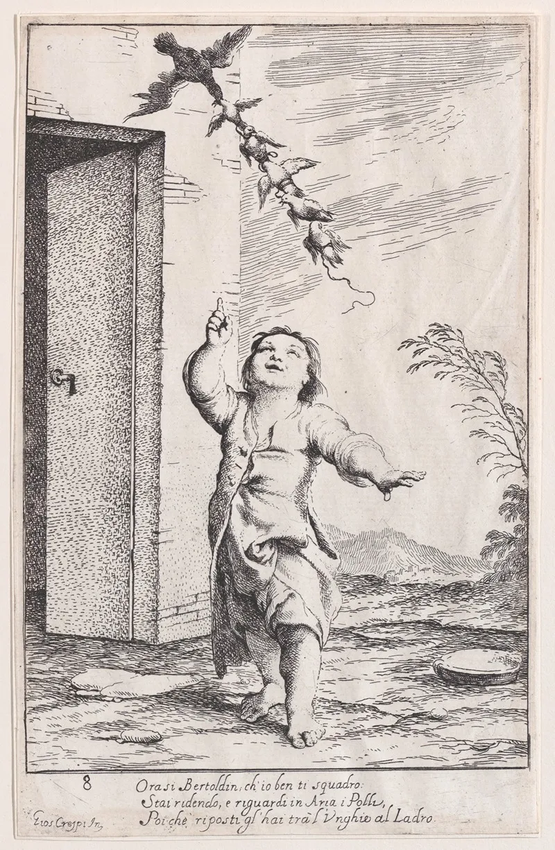Plate 13 Bertoldino With Birds Carried Off By A Kite by Giuseppe Maria Crespi - Canvas Print