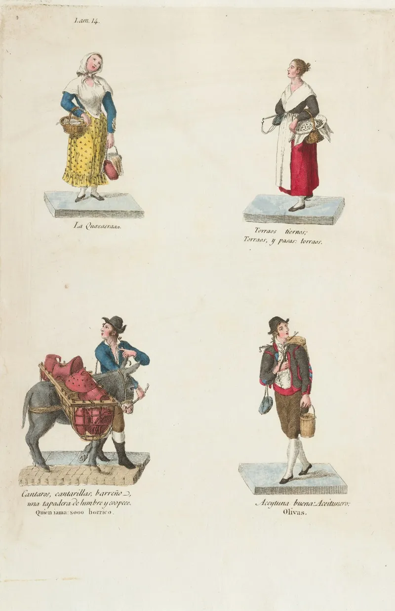 Plate 14 Four Street Vendors From Madrid Selling Pots And Pans Olives Etc by Miguel Gamborino - Canvas Print