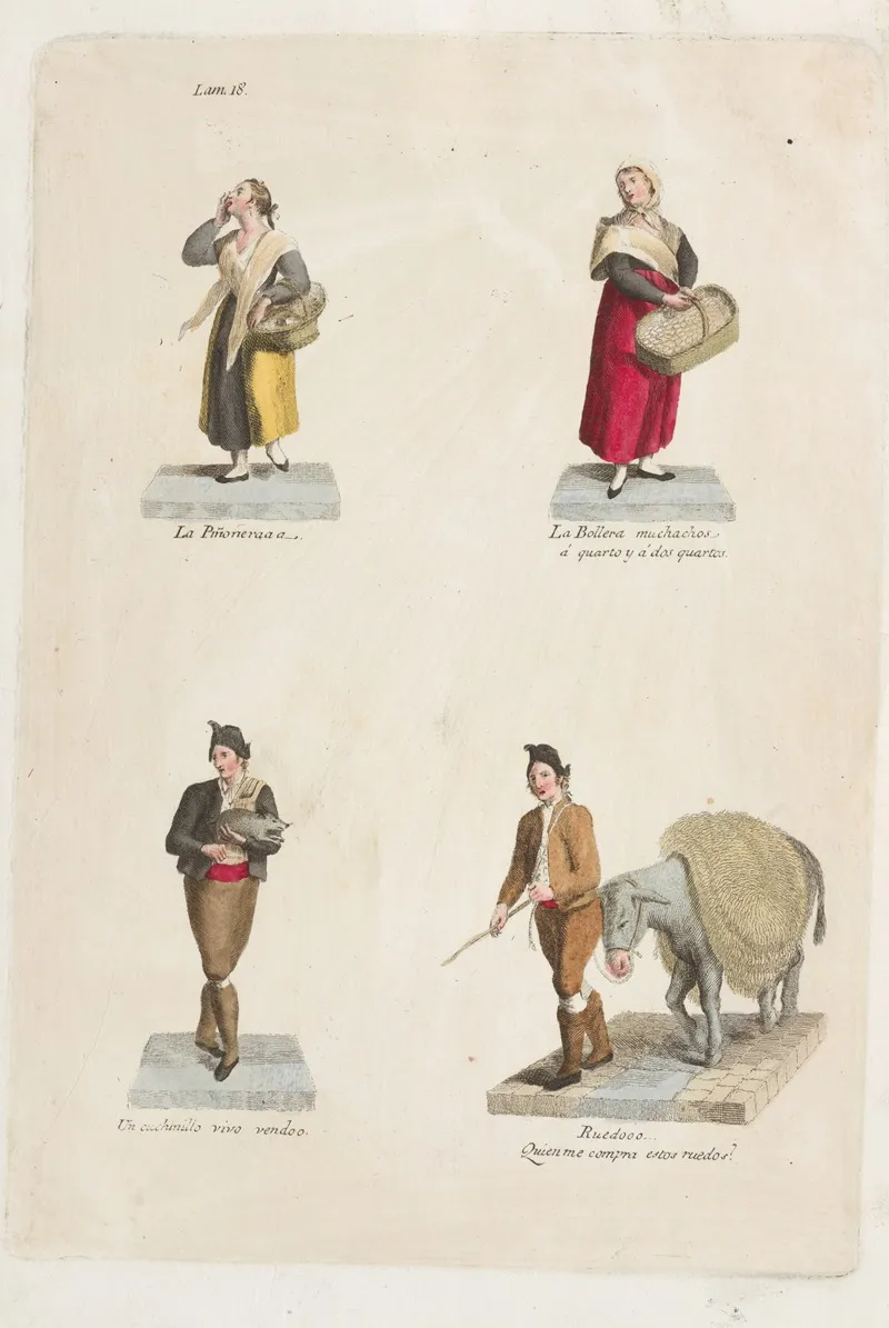 Plate 18 Four Street Vendors From Madrid Selling Food A Pig Etc by Miguel Gamborino - Canvas Print