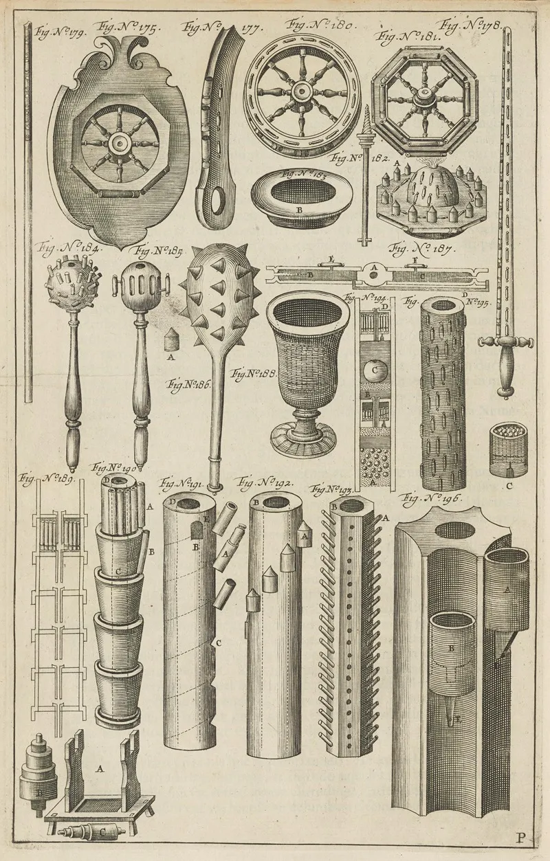 Plate P Pyrotechnic Shield Pyrotechnic Hand Weapons Fire Wheels And Their Parts Pyrotechnic Cases by Jacob van Meurs - Canvas Print
