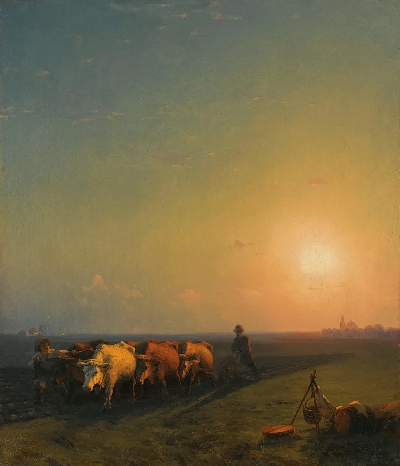 Ploughing The Fields Crimea by Ivan Konstantinovich Aivazovsky - Canvas Print