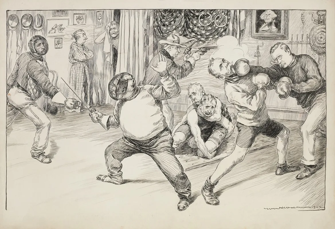 Politicians Engaged In Conflicts Fencing Wrestling And Boxing In Front Of A Portrait Of George Washington Who Is Unhappy