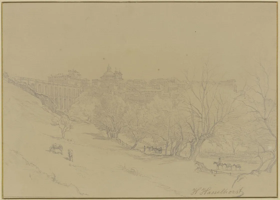 Ponte Zwischen Ariccia Und Albano Mit Palazzo Chigi by Johann Heinrich Hasselhorst - Canvas Print