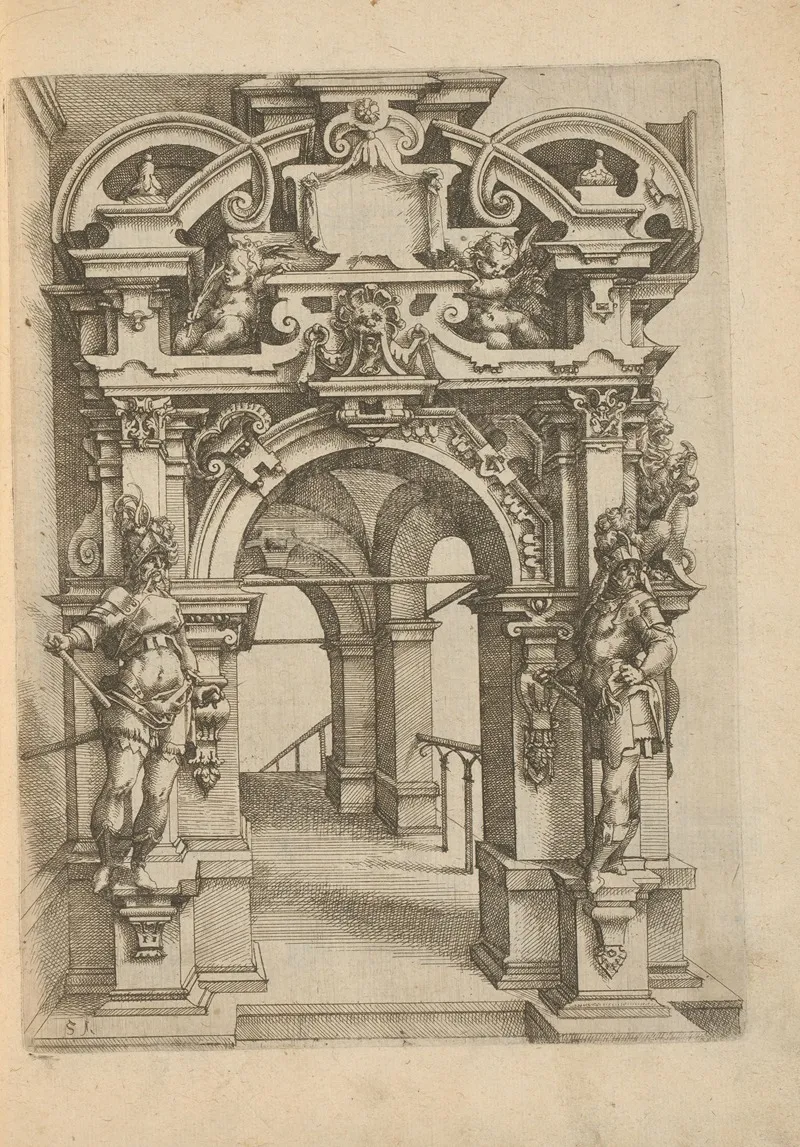 Portal Decorated With Cherubs And Flanked By Two Soldiers