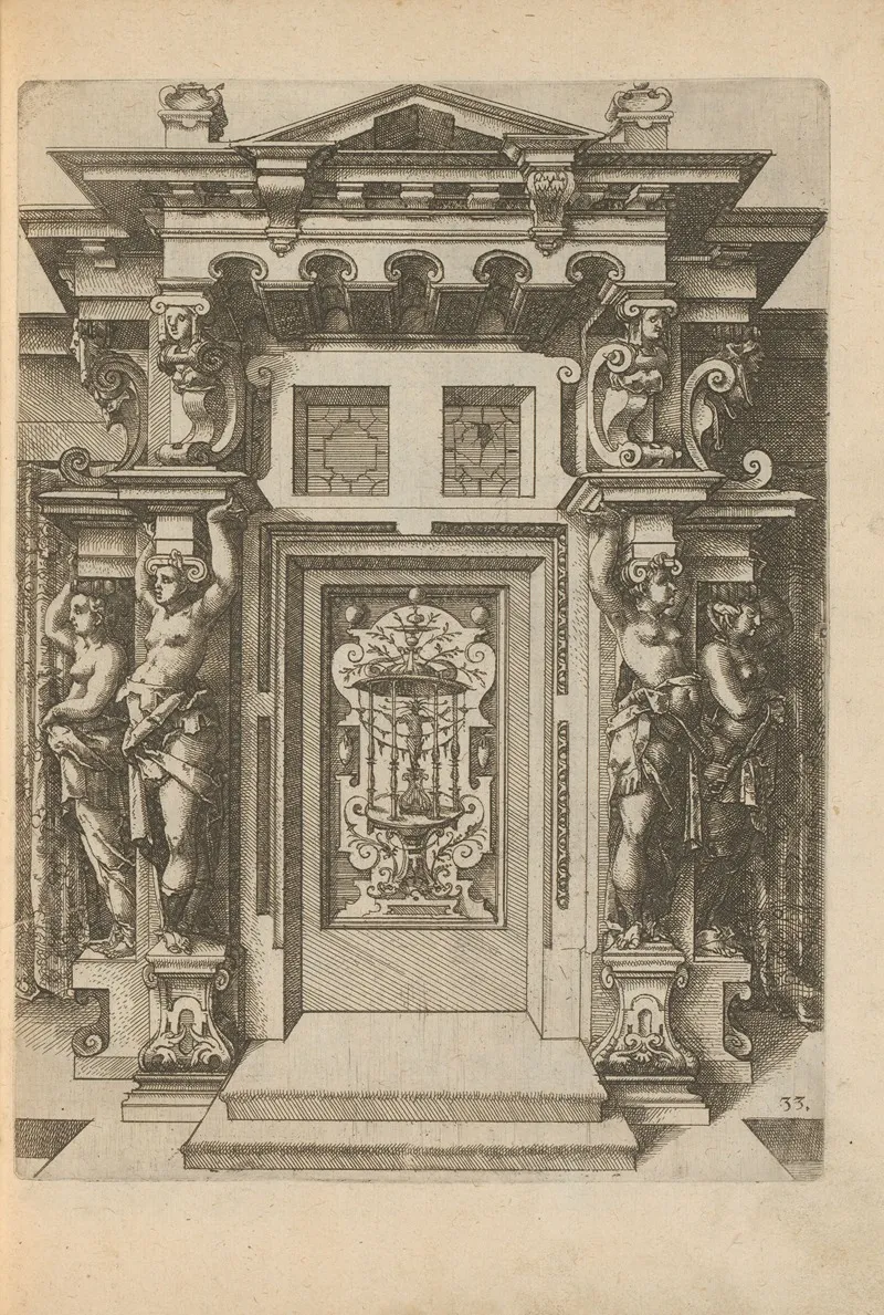 Portal Flanked By Four Caryatids Next To The Door With Grotesque Flat Decorations by Wendel Dietterlin - Canvas Print