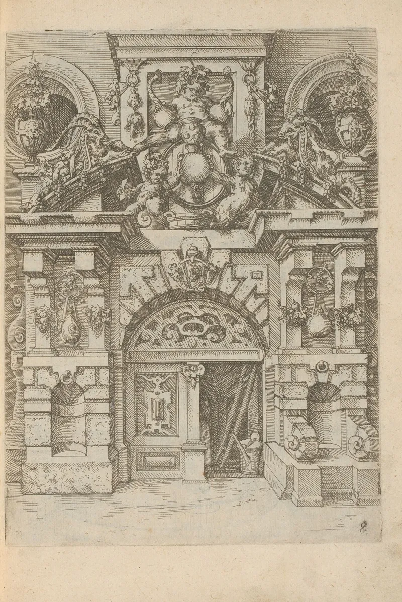 Portal Of A Wine Cellar With Satyrs Goats And Grapes Near A Wine Barrel by Wendel Dietterlin - Canvas Print
