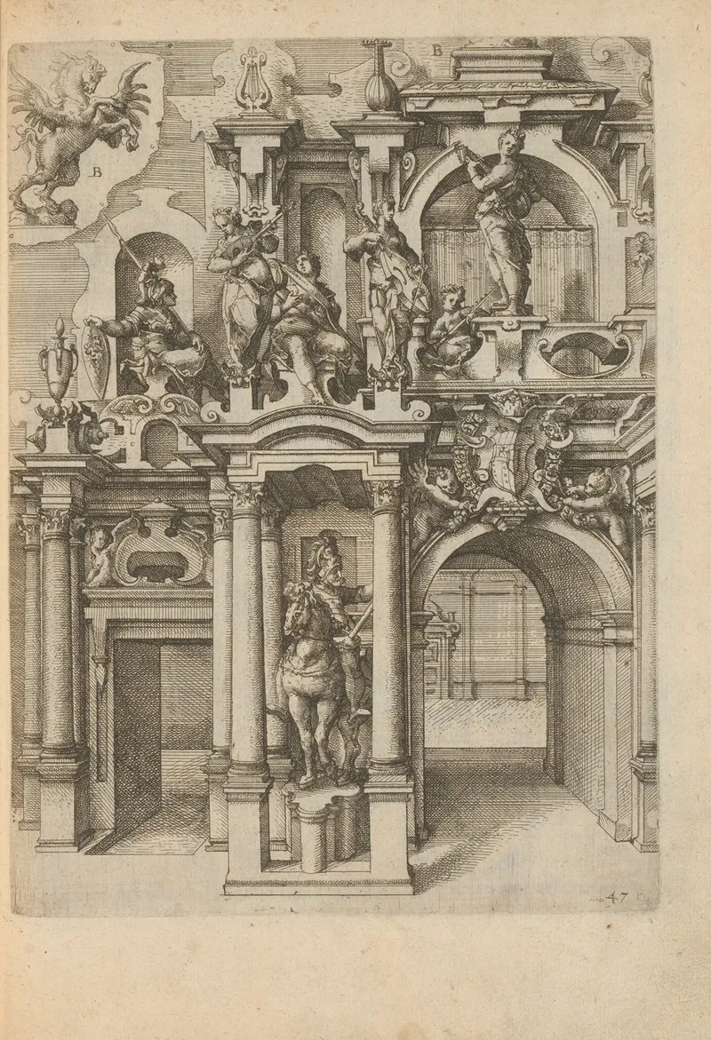 Portal With An Equestrian Statue And Minerva Sitting On Top With Five Women Playing Music by Wendel Dietterlin - Canvas Print