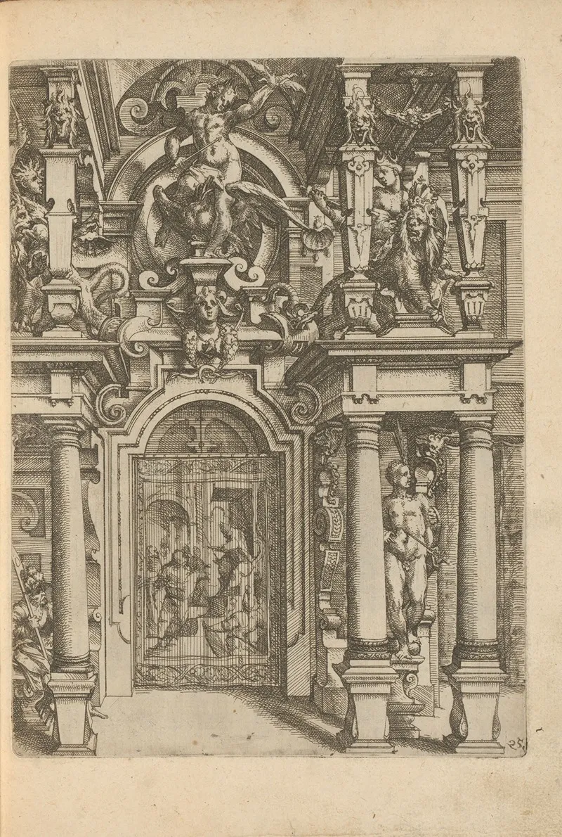 Portal With Carpet For The Passageway And Zeus Atop An Eagle Flanked By Women On Lions by Wendel Dietterlin - Canvas Print