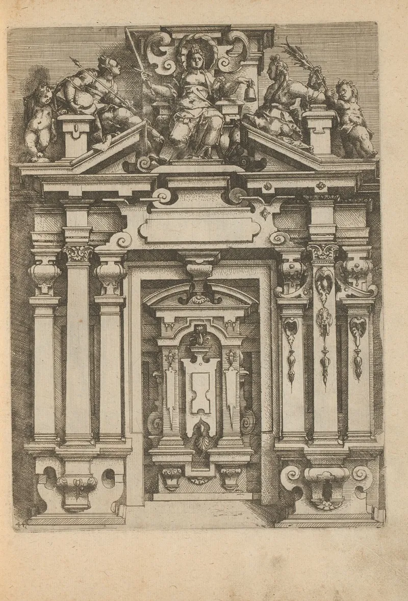 Portal With Niche And On The Broken Pediment The Personification Of Justice Justitia Flanked By Two Women by Wendel Dietterlin - Canvas Print