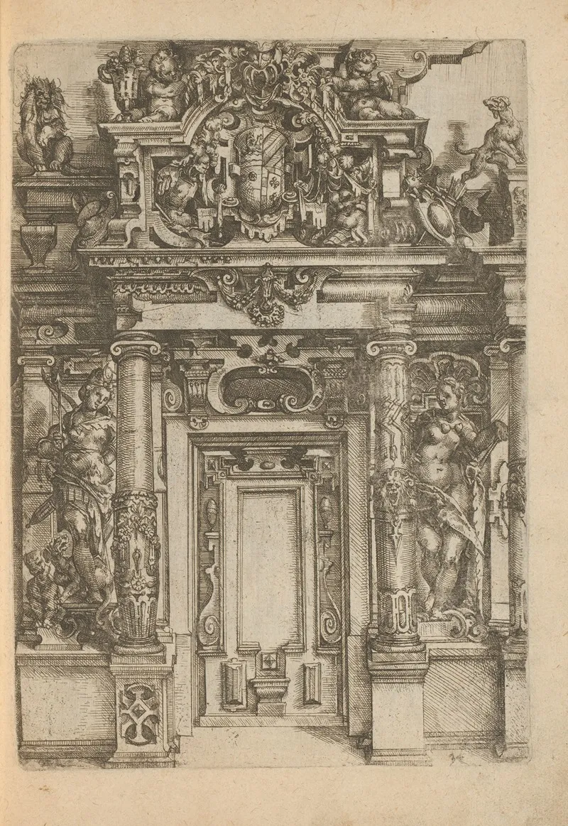 Portal With Niches Containing Statues Of Diana And Venus And At The Top A Coat Of Arms And Armorial Bearings by Wendel Dietterlin - Canvas Print