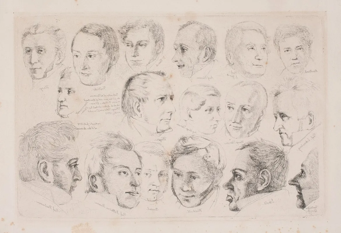 Portraetter Af De 17 Mandlige Personer Pa Wmarstrands Maleri Et Musikalsk Aftenselskab 1834 by C.C. Andersen - Canvas Print