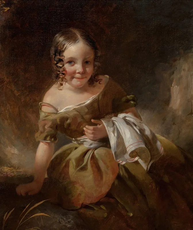 Portrait Of A Young Girl With Curls In An Olive Green Dress