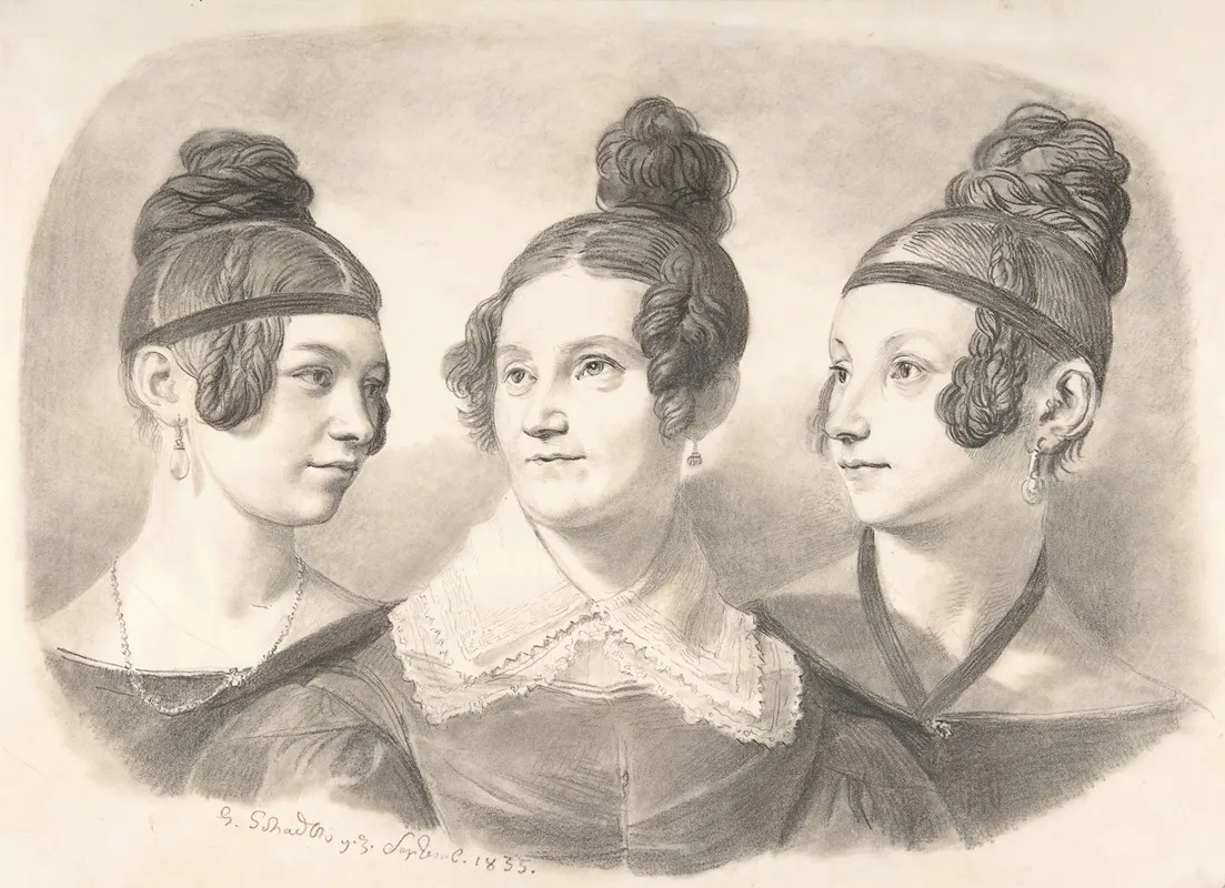 Portrait Of Frau Von Oppen And Her Two Daughters by Johann Gottfried Schadow - Canvas Print