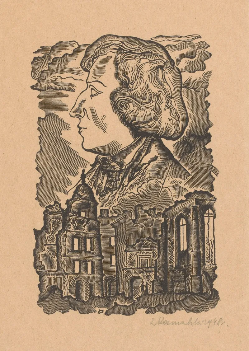 Portrait Of Frederic Chopin Above A Ruined City