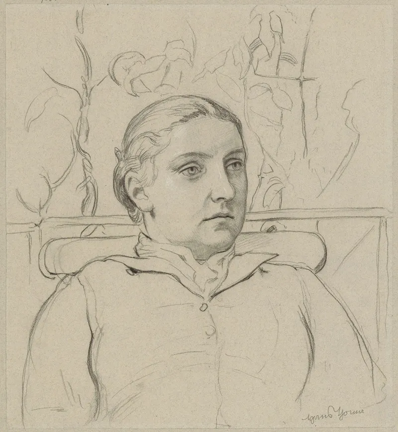 Portrait Of The Artists Wife In Bust Sitting On A Bench Against The Background Of Greenery