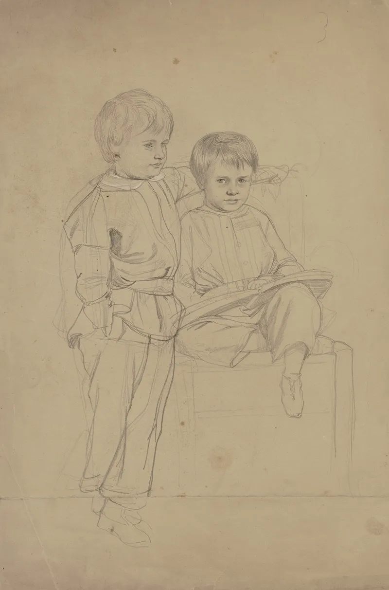 Portrat Zweier Kleiner Jungen Einer Auf Einem Stuhl Sitzend Ein Buch In Der Hand Der Andere Links Von Ihm