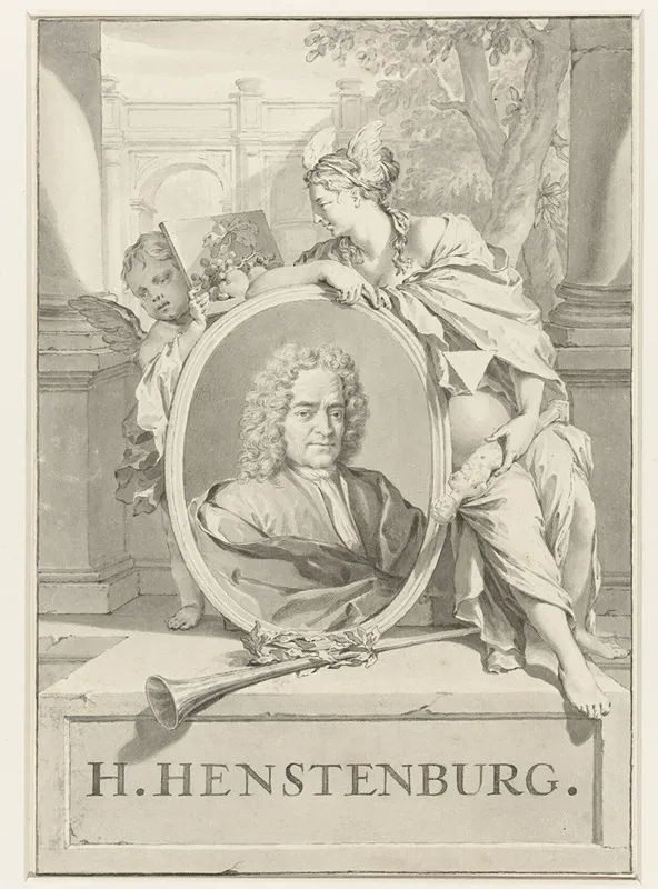 Portret Van Herman Henstenburgh In Ovaal Vastgehouden Door Vrouwenfiguur En Putto