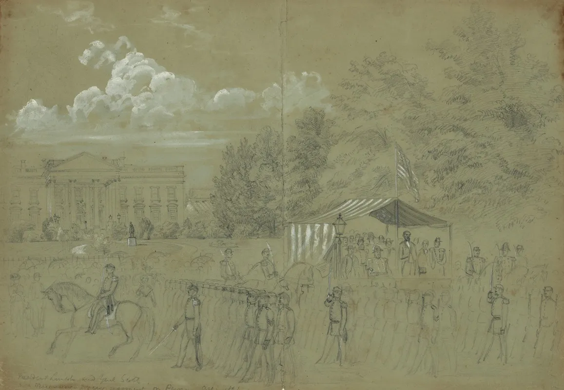 President Lincoln And Genl Scott Reviewing 3 Years Regiment On Penn Ave