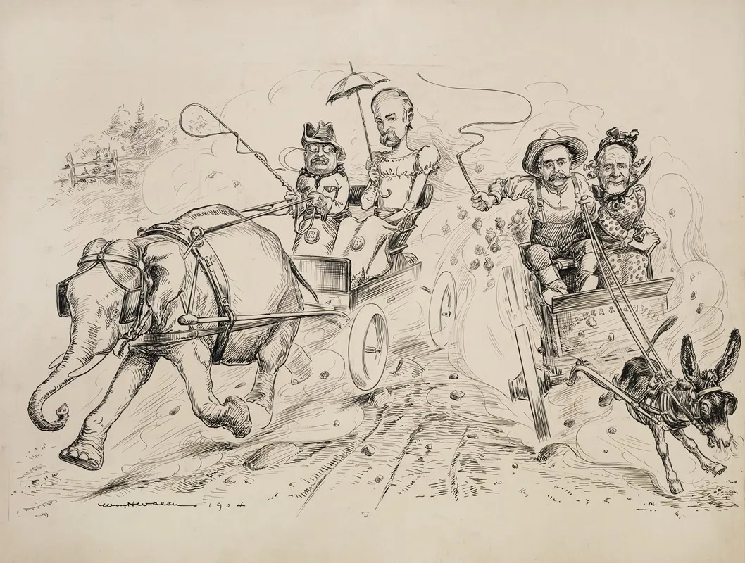 President Theodore Roosevelt And Vice Presidential Candidate Charles Fairbanks Depicted As A Woman Ride Together In A Carriage