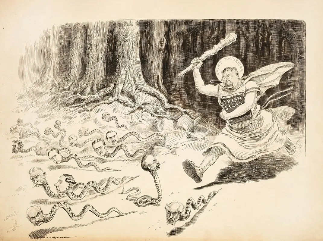 President Theodore Roosevelt Depicted As St Patrick Chases Snakes With The Heads Of Men