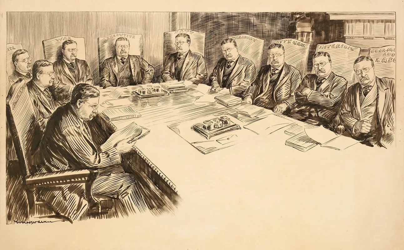 President Theodore Roosevelt Meeting With His Cabinet Only Each Cabinet Member Is Depicted As Roosevelt
