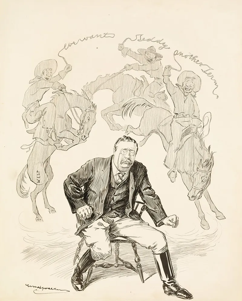 President Theodore Roosevelt Ready To Leave His Chair Is Haunted By Three Cowboys Representing The West