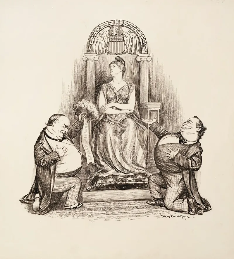 President William Mckinley Republican And His Opponent William Jennings Bryan Democrat Both Try To Woe A Woman Sitting On A Throne